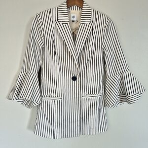 CAbi Cotton One Button 3/4 Bell Sleeve Blue White Stripe Jacket Blazer Size 2